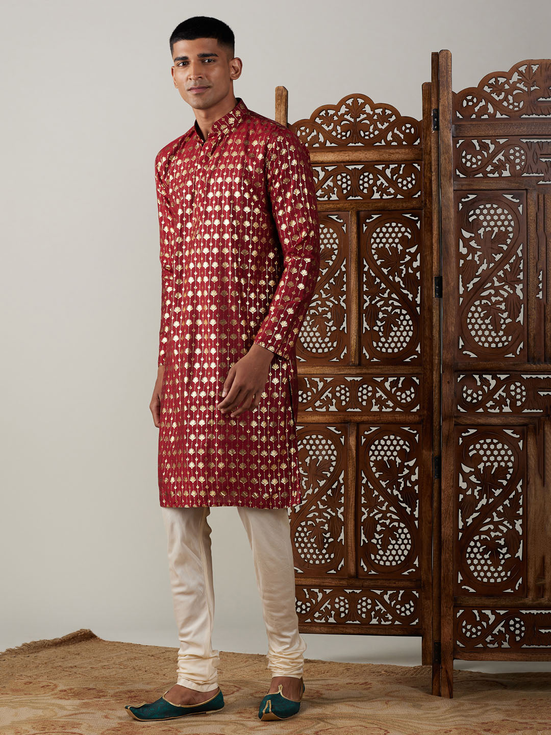 VASTRAMAY men's maroon foil printed kurta with cream pyjama set, perfect for traditional occasions and festive celebrations