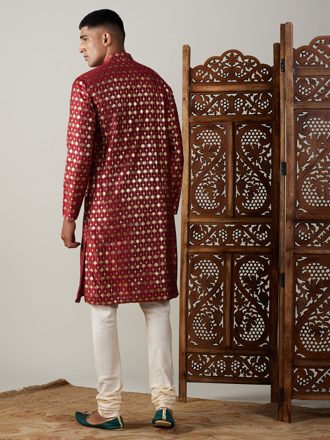 VASTRAMAY Men's Maroon Foil Printed Kurta With Cream Pyjama Set, traditional Indian ethnic wear for men with intricate foil print design