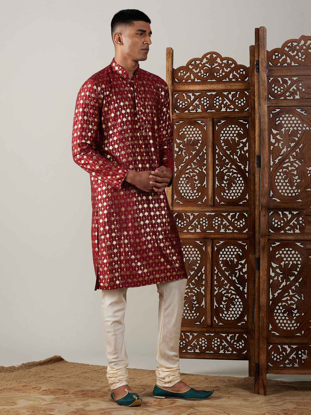 VASTRAMAY Men's Maroon Foil Printed Kurta With Cream Pyjama Set, traditional ethnic wear for men, perfect for special occasions and celebrations