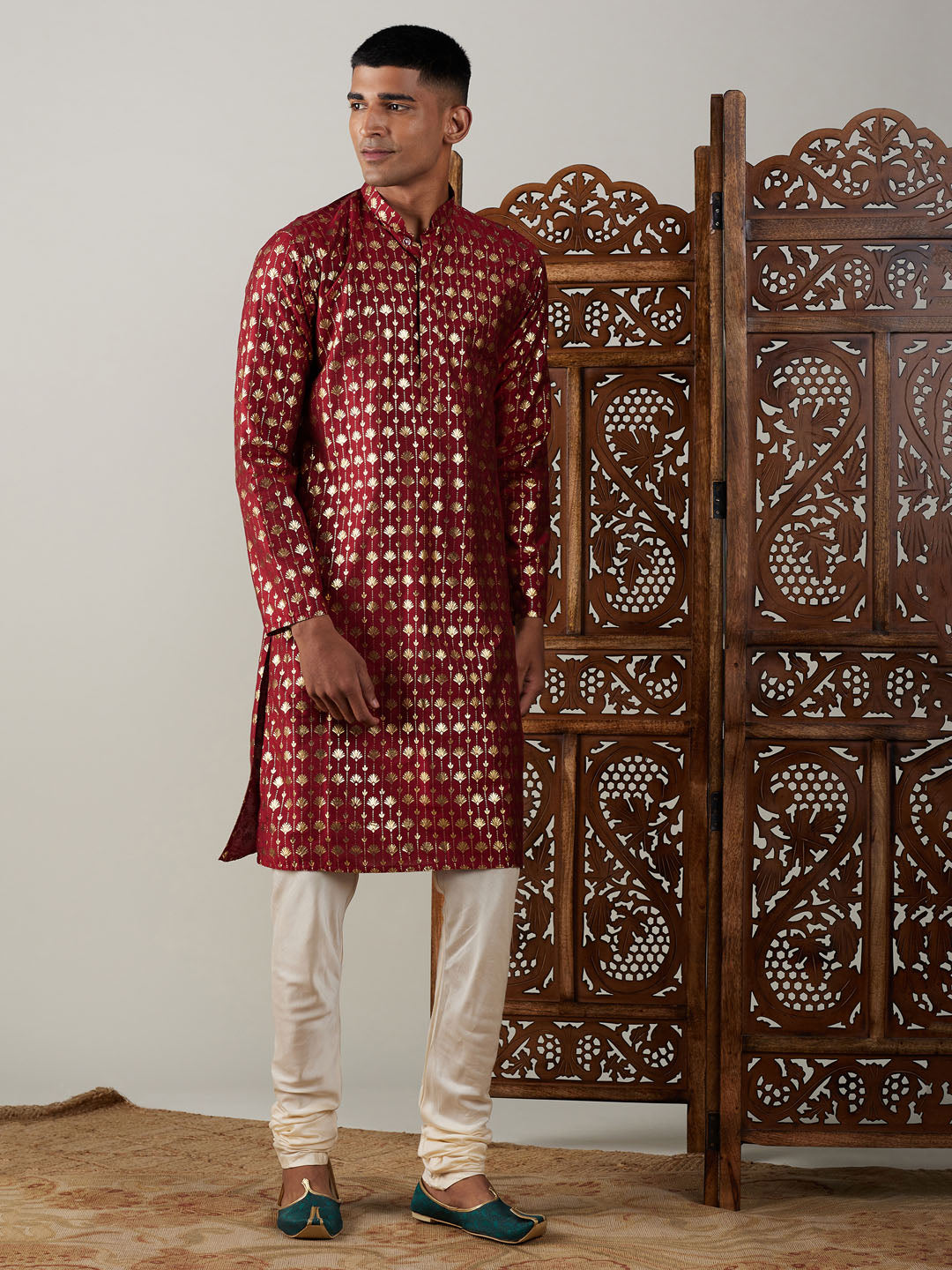 VASTRAMAY Men's Maroon Foil Printed Kurta With Cream Pyjama Set, traditional Indian attire for men, featuring intricate foil printing