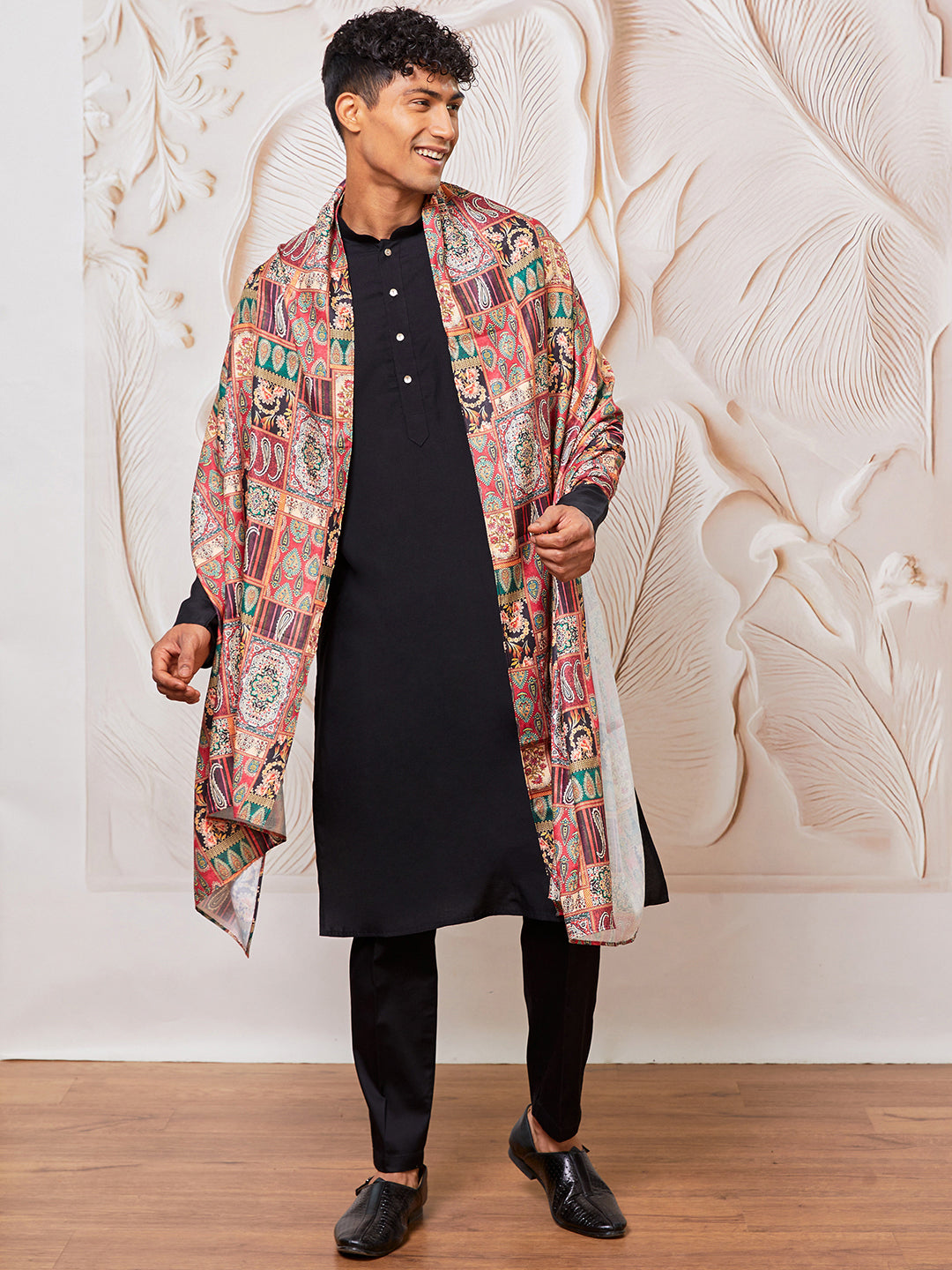 Men's Black Viscose Kurta Pant And Dupatta Set