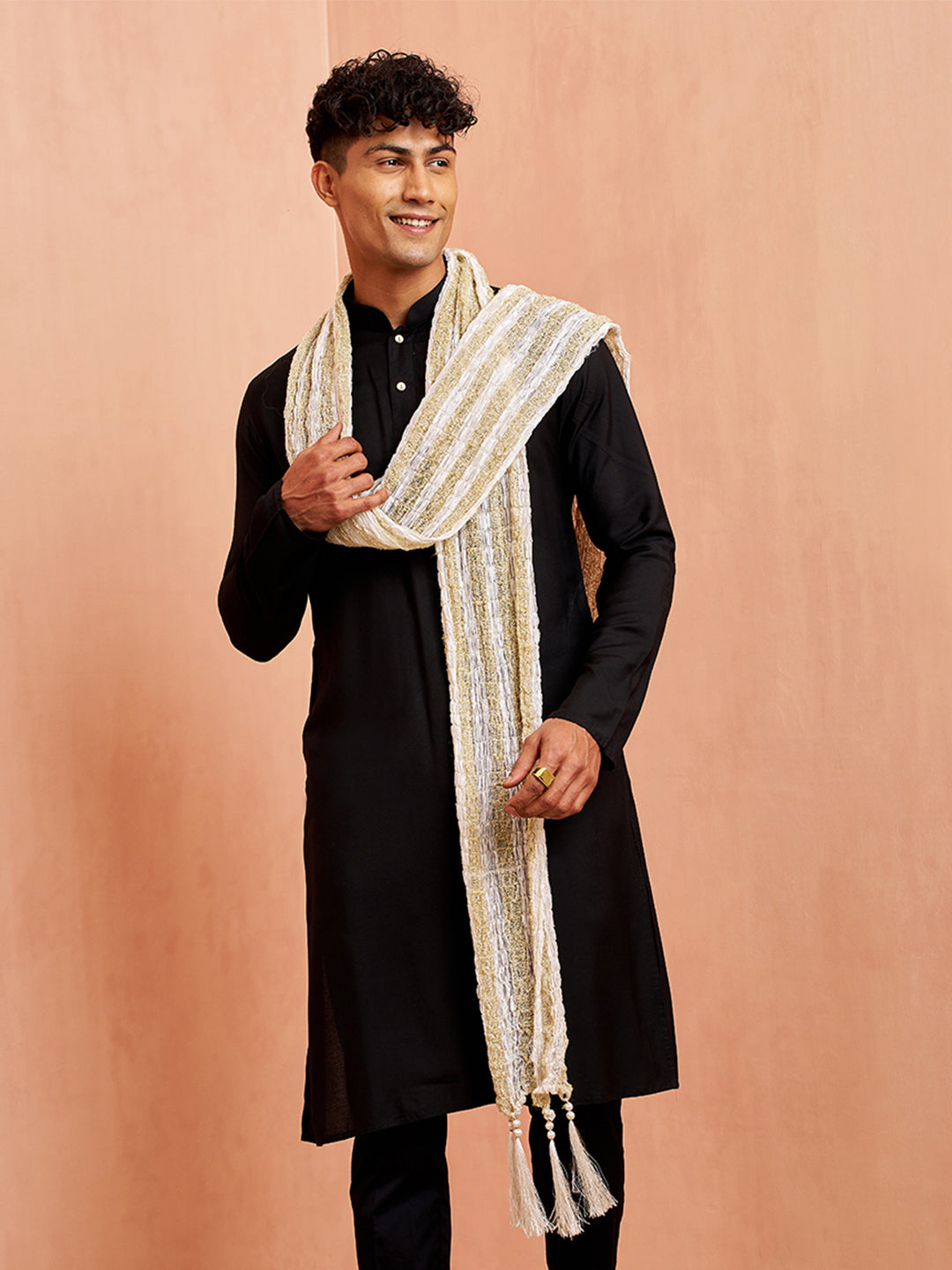 Men's Black Kurta Pyjama Set with White Dupatta