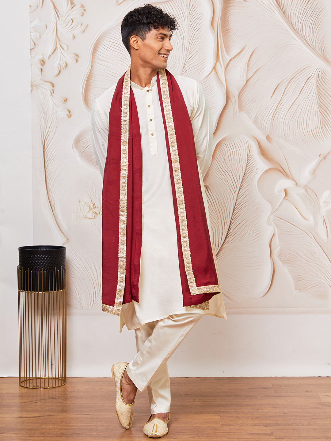 Men's Cream Viscose Kurta,Pant And Dupatta Set