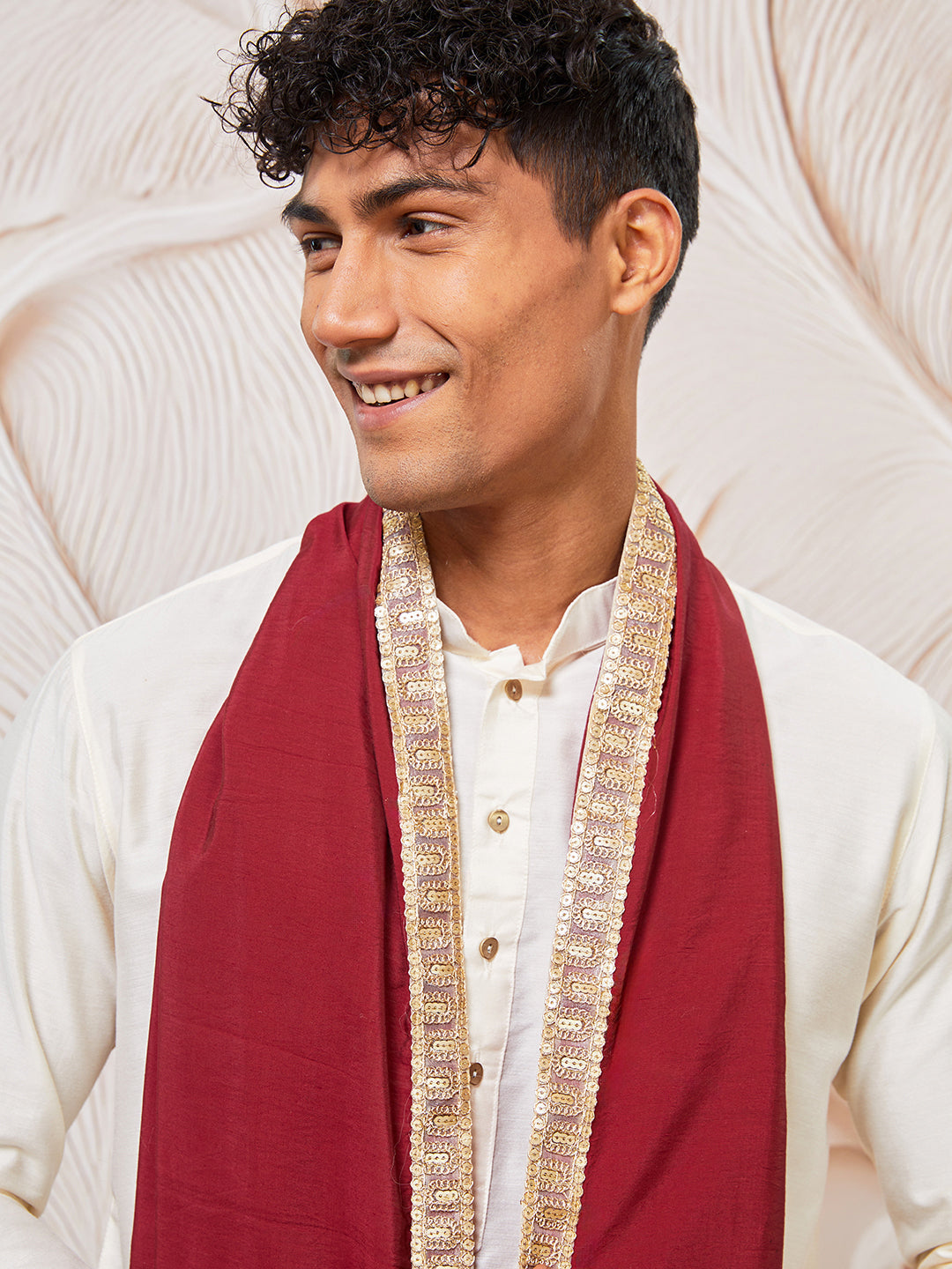 Men's Cream Viscose Kurta,Pant And Dupatta Set