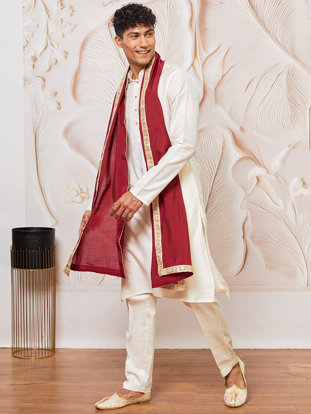 Men's Cream Viscose Kurta,Pant And Dupatta Set
