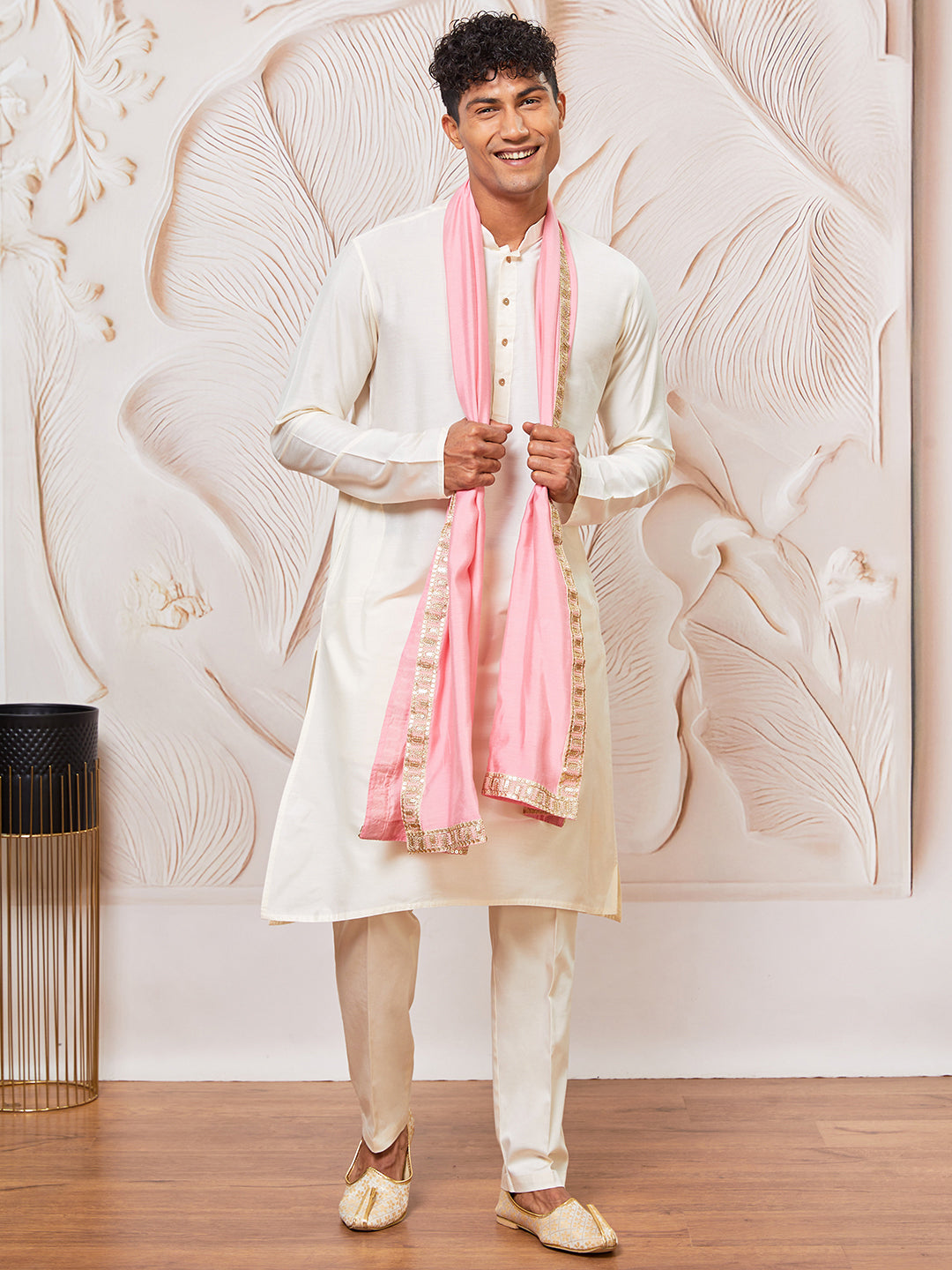 Men's Cream Viscose Kurta,Pant And Dupatta Set