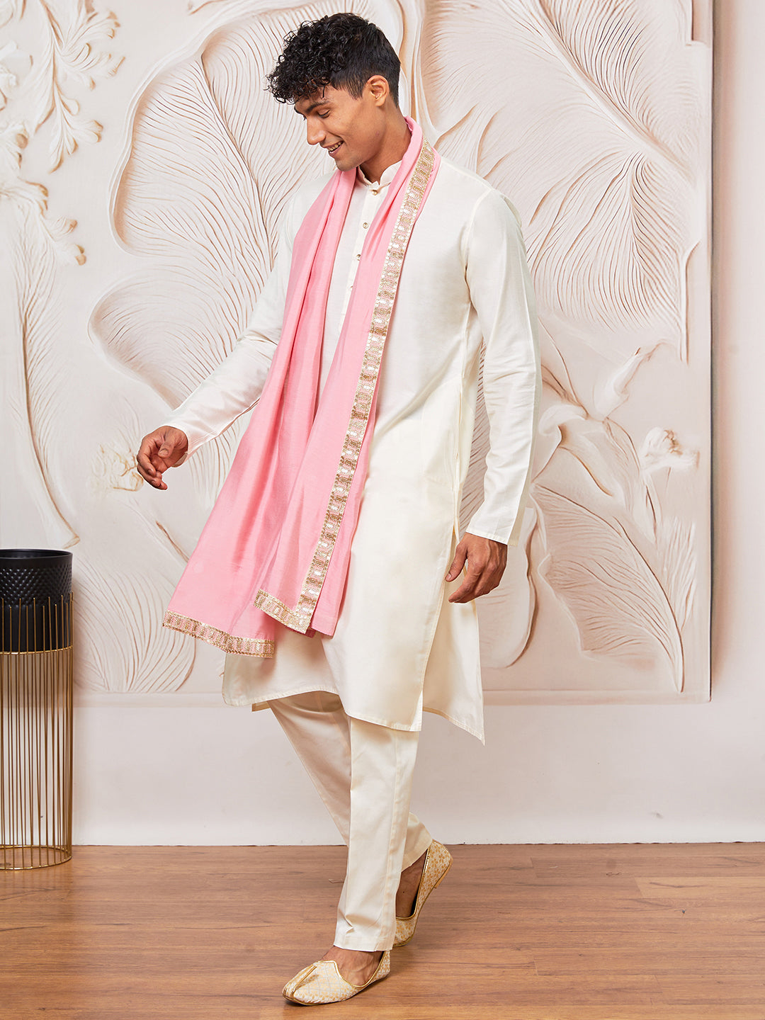 Men's Cream Viscose Kurta,Pant And Dupatta Set