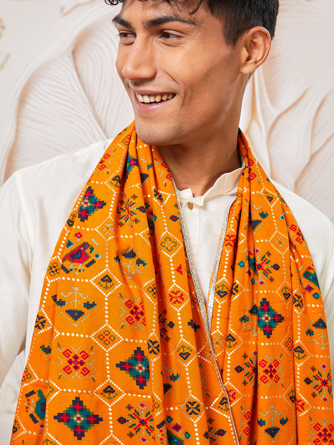 Men's Cream Viscose Kurta, Pant And Dupatta Set