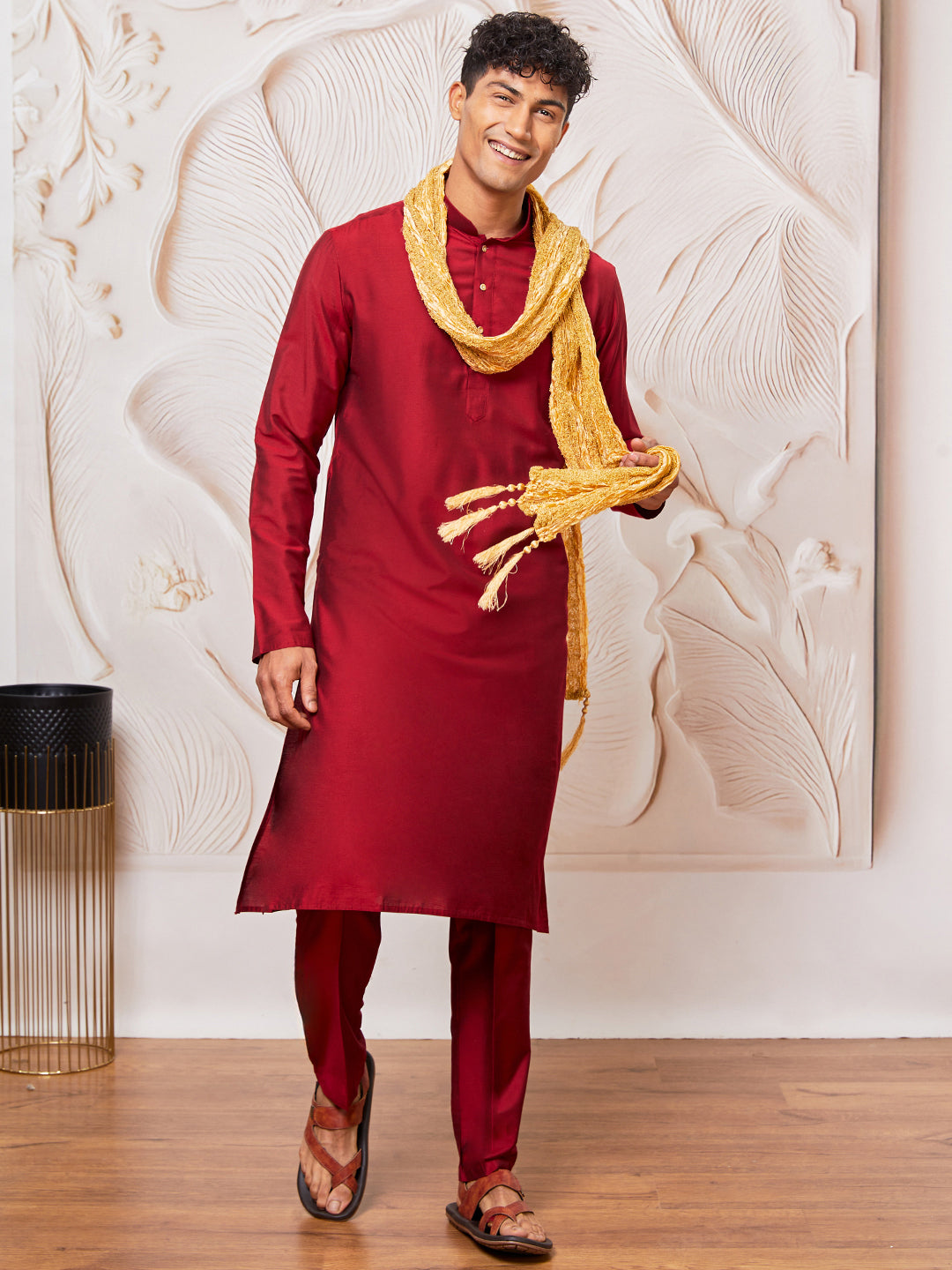 Men's Maroon Viscose Kurta, Pant And Dupatta Set