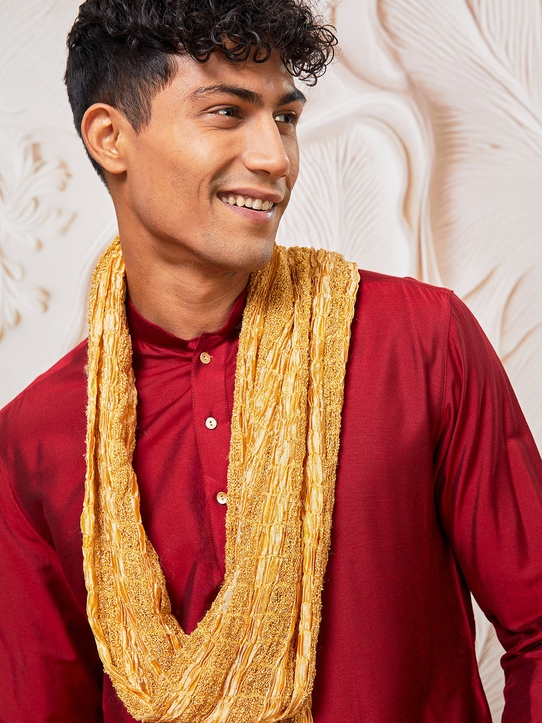 Men's Maroon Viscose Kurta, Pant And Dupatta Set