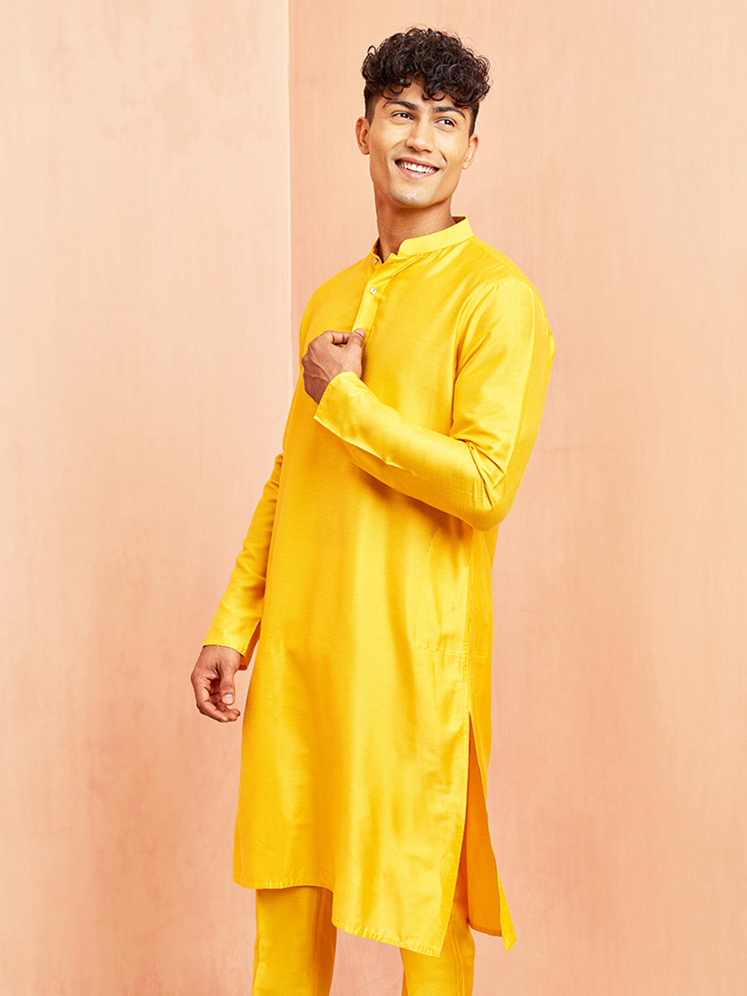 Men's Yellow Viscose Kurta Long Sleeve Mandarin Collar Festive Wear