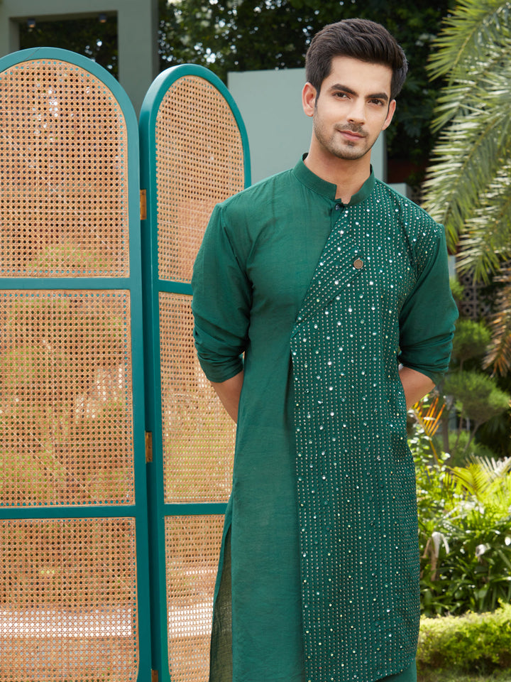 VASTRAMAY Men's Green Sequined Layered Kurta for Wedding and Festivals