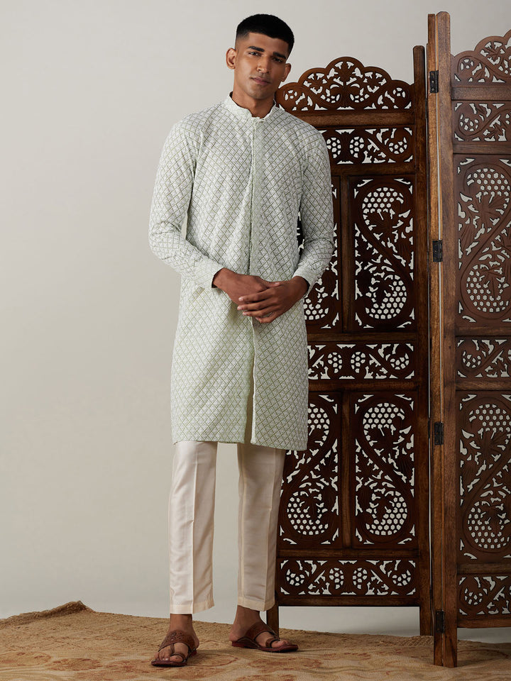 VASTRAMAY Men's Green Chikankari Front Open Kurta With Pant Set