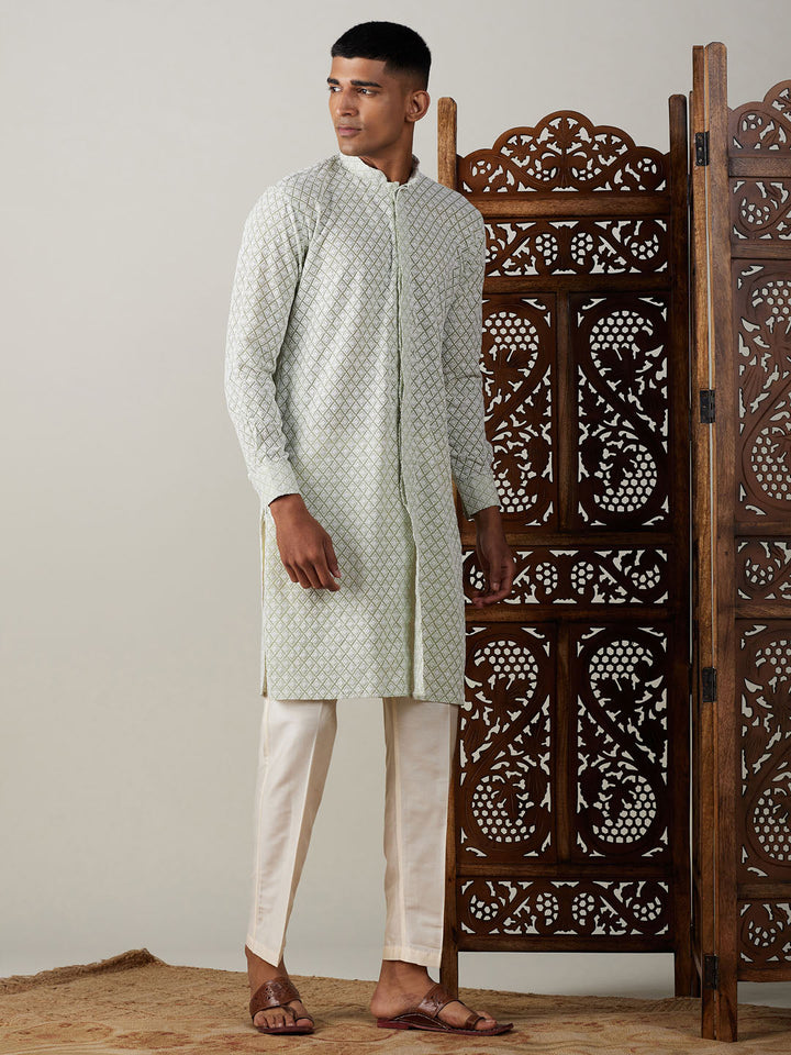 VASTRAMAY Men's Green Chikankari Front Open Kurta With Pant Set