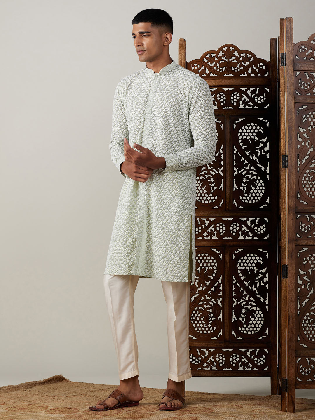 VASTRAMAY Men's Green Chikankari Front Open Kurta With Pant Set