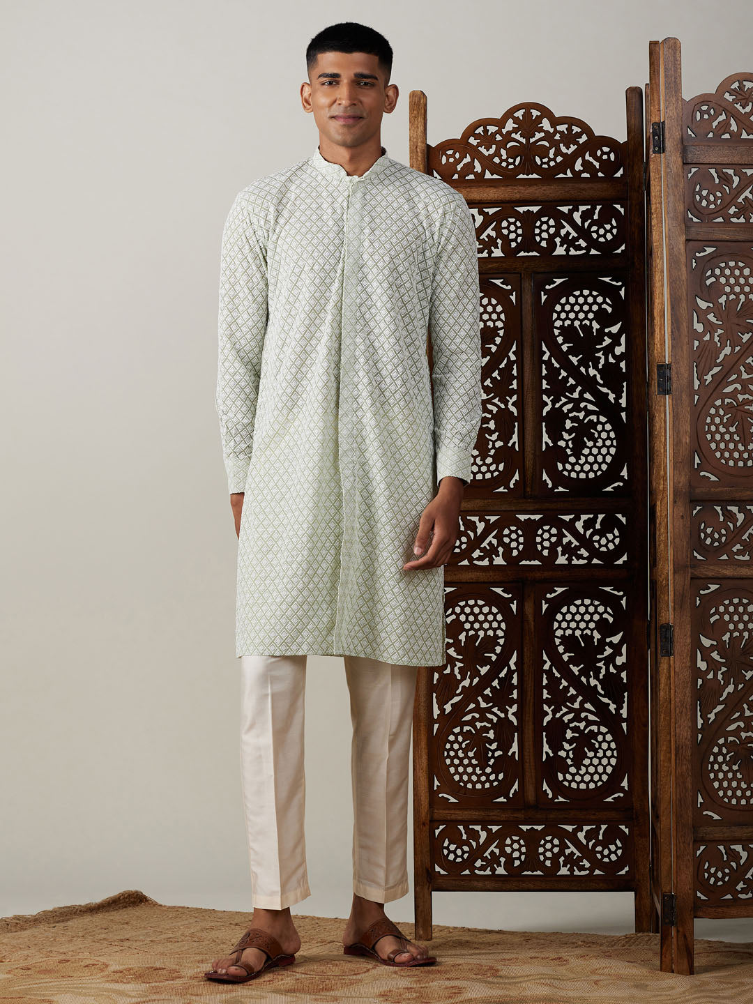 VASTRAMAY Men's Green Chikankari Front Open Kurta With Pant Set