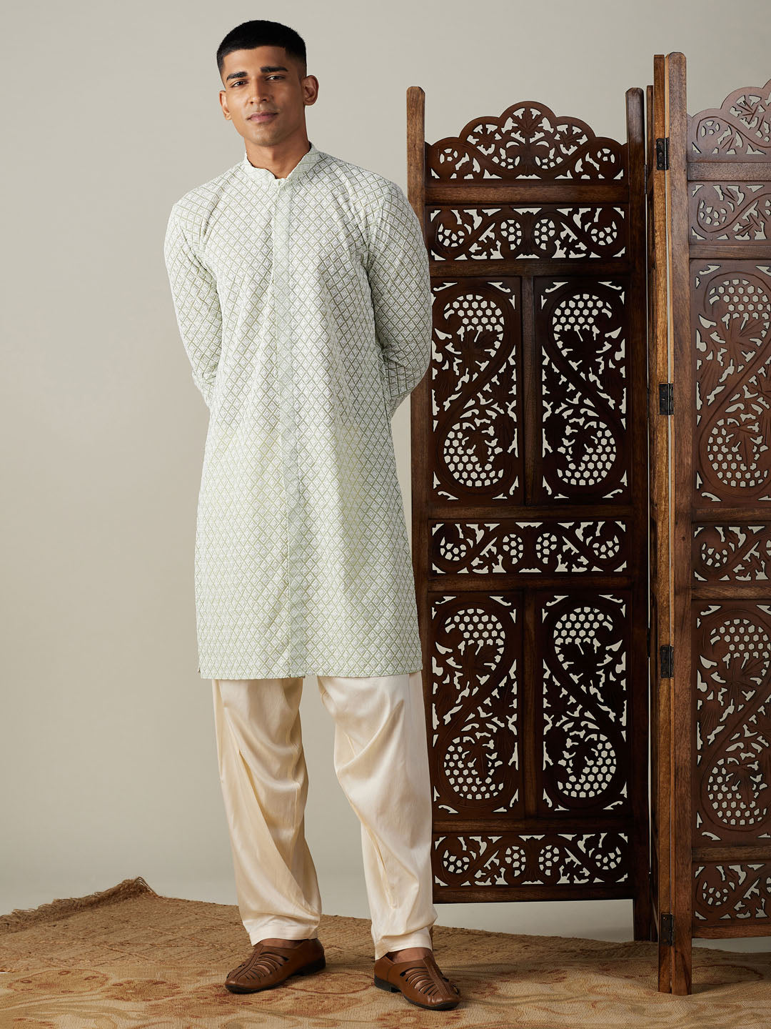 VASTRAMAY Men's Green Chikankari Front Open Kurta With Patiala Set