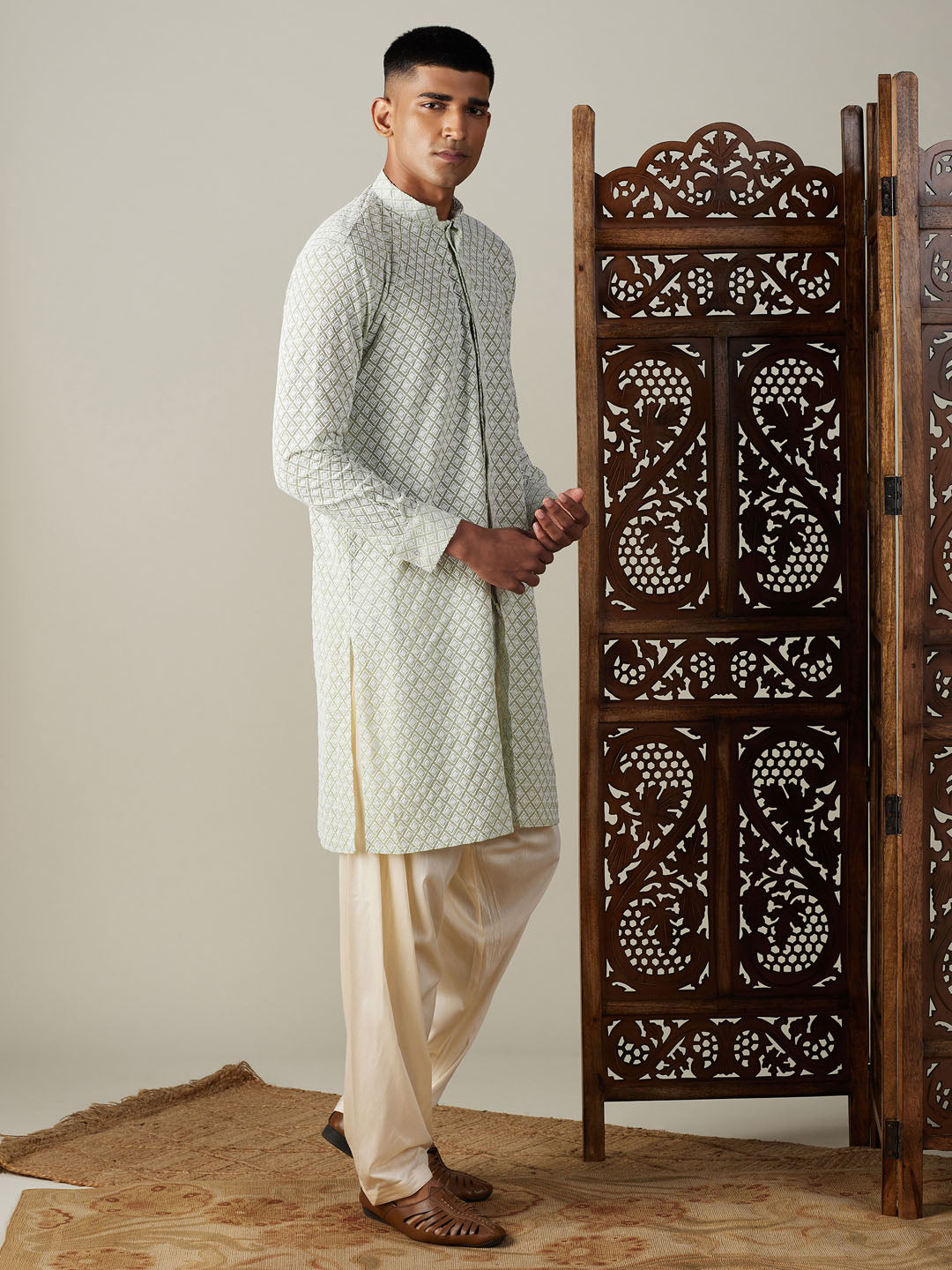 VASTRAMAY Men's Green Chikankari Front Open Kurta With Patiala Set