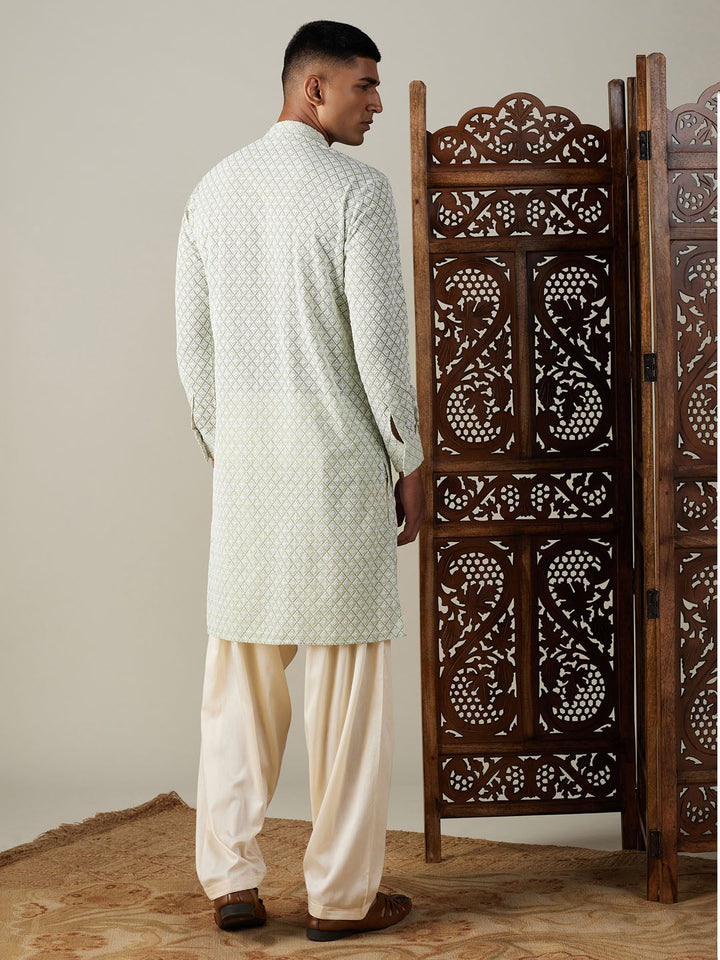 VASTRAMAY Men's Green Chikankari Front Open Kurta With Patiala Set