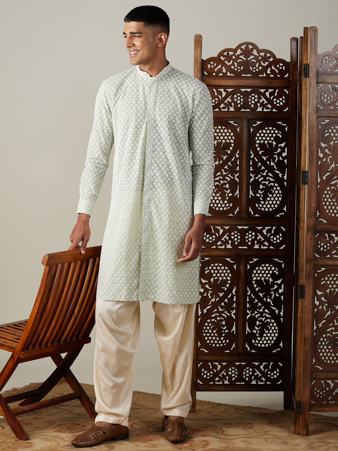 VASTRAMAY Men's Green Chikankari Front Open Kurta With Patiala Set