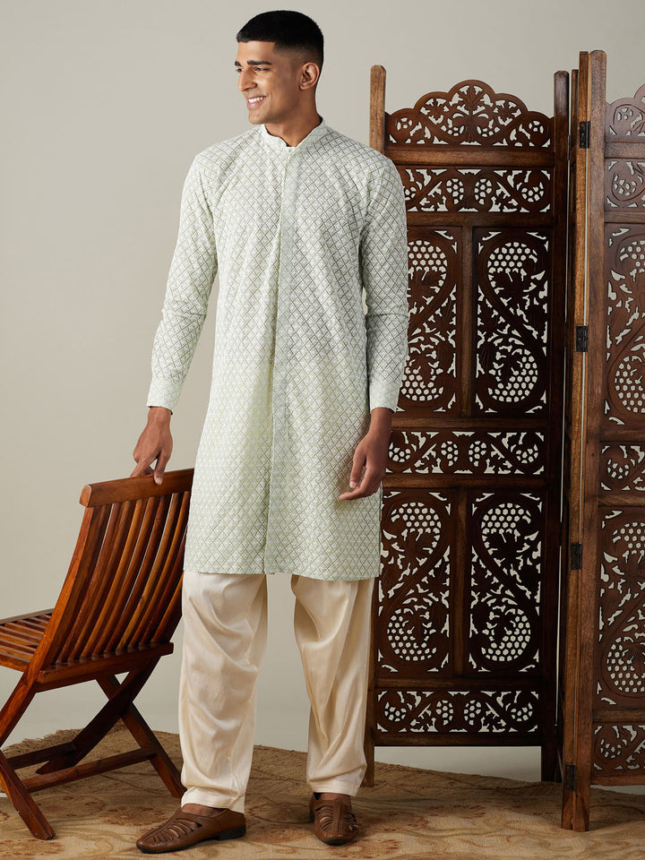 VASTRAMAY Men's Green Chikankari Front Open Kurta With Patiala Set