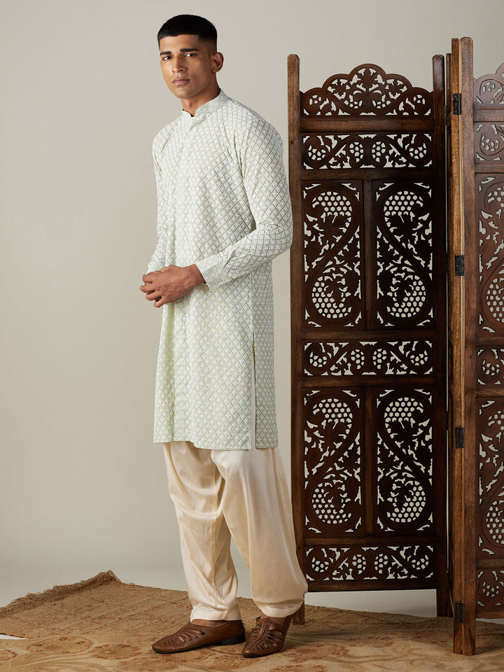 VASTRAMAY Men's Green Chikankari Front Open Kurta With Patiala Set