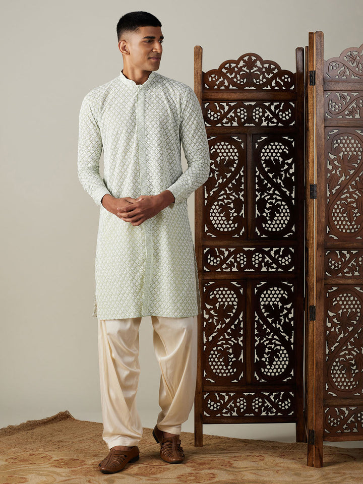 VASTRAMAY Men's Green Chikankari Front Open Kurta With Patiala Set