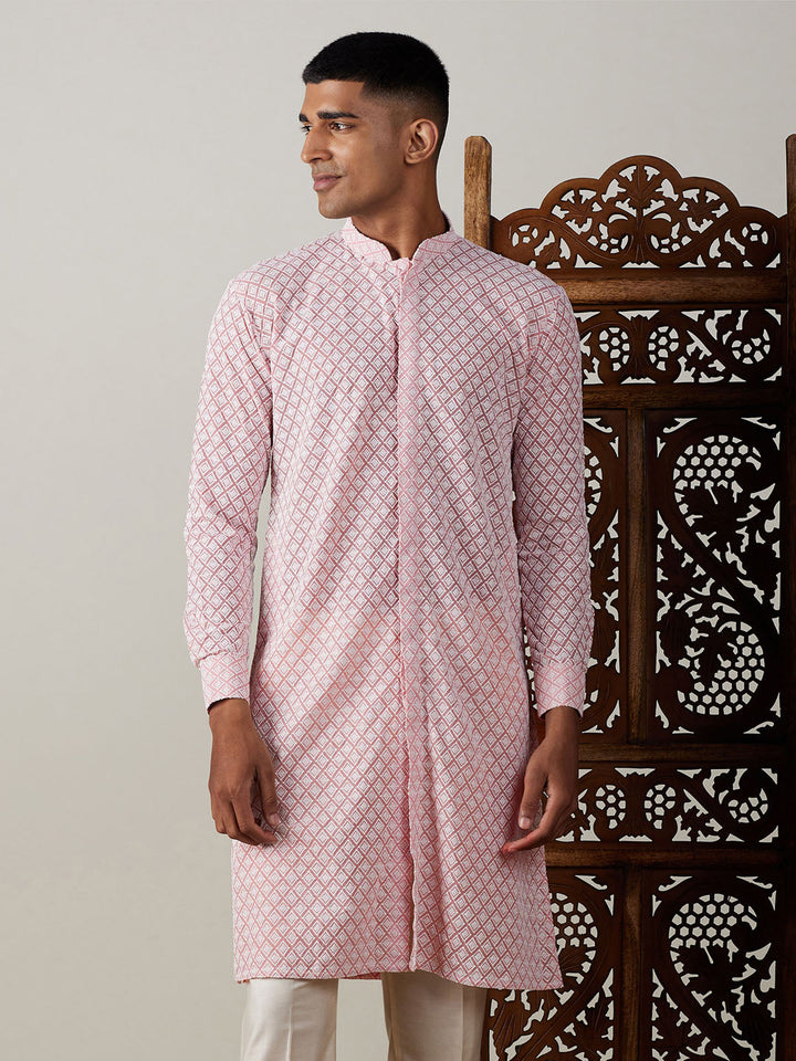 VASTRAMAY Men's Pink Chikankari Front Open Kurta