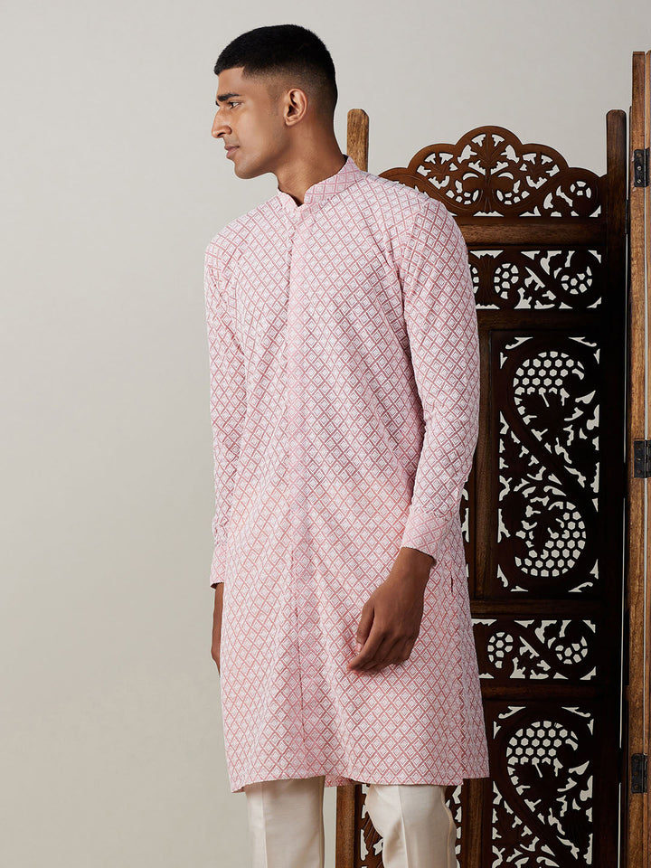 VASTRAMAY Men's Pink Chikankari Front Open Kurta