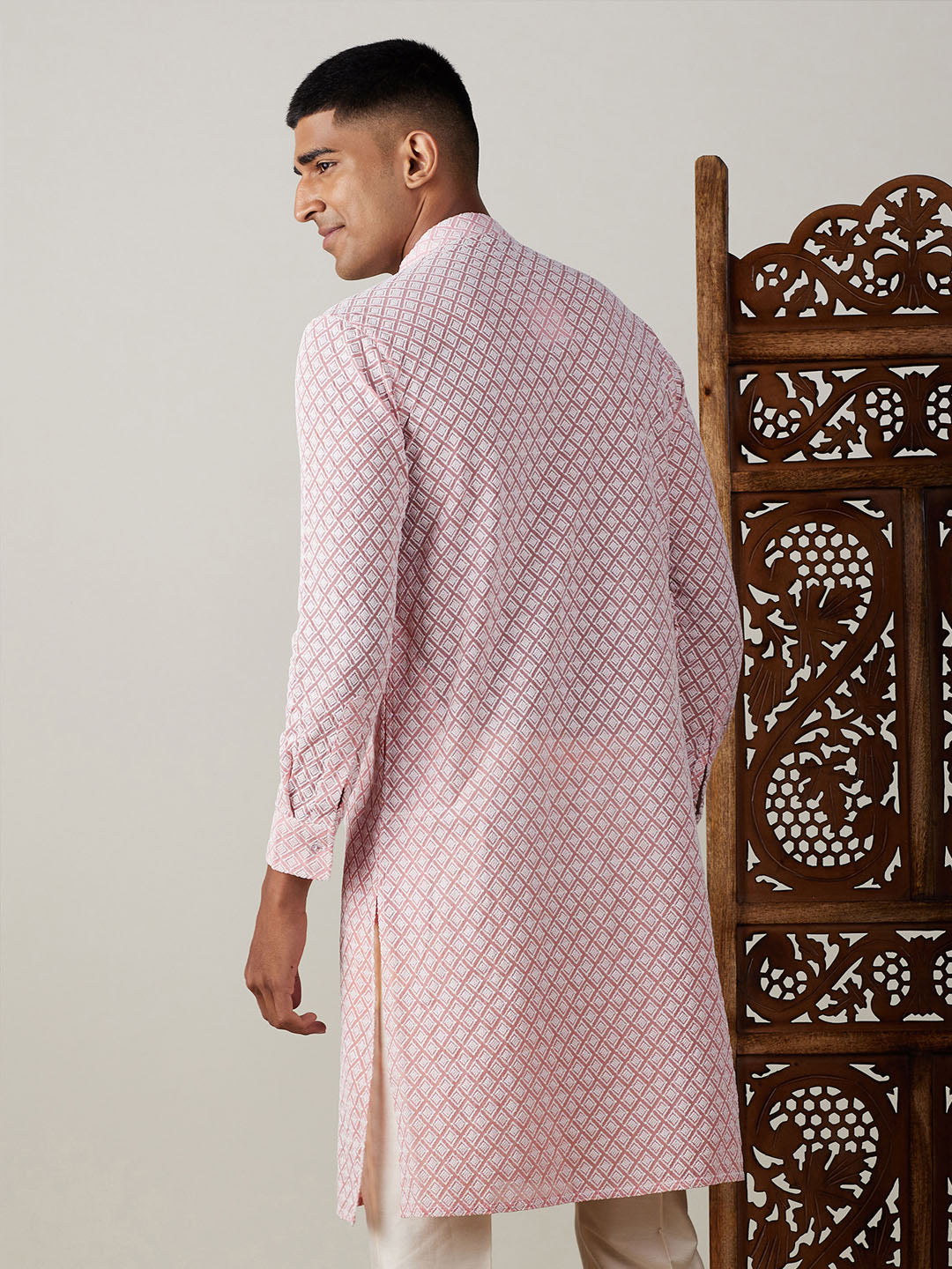 VASTRAMAY Men's Pink Chikankari Front Open Kurta