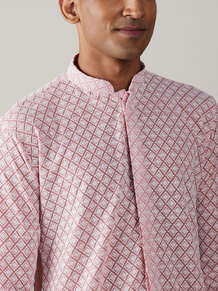 VASTRAMAY Men's Pink Chikankari Front Open Kurta