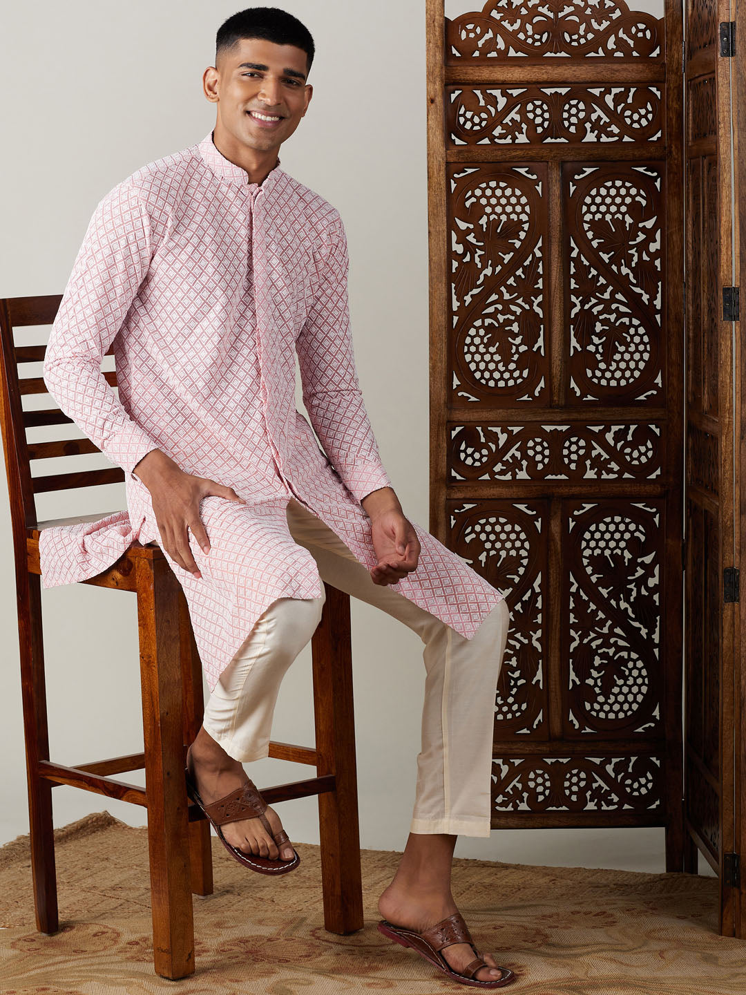 VASTRAMAY Men's Pink Chikankari Front Open Kurta