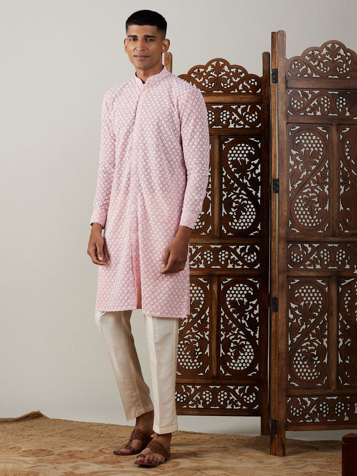 VASTRAMAY Men's Pink Chikankari Front Open Kurta With Pant Set