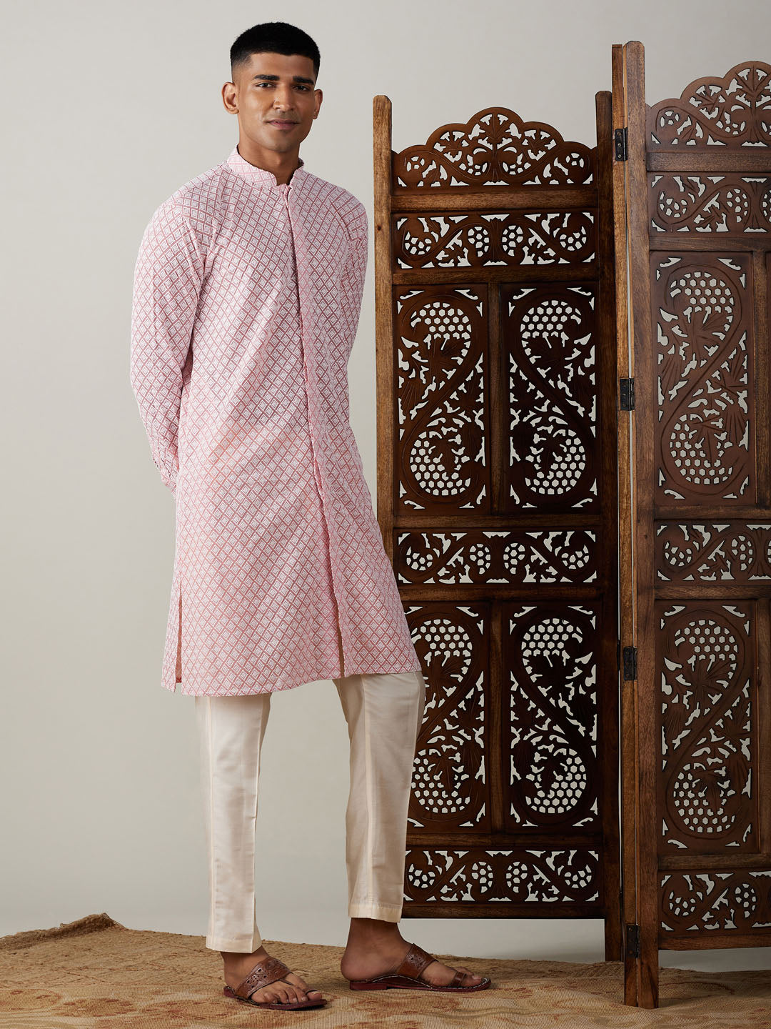 VASTRAMAY Men's Pink Chikankari Front Open Kurta With Pant Set