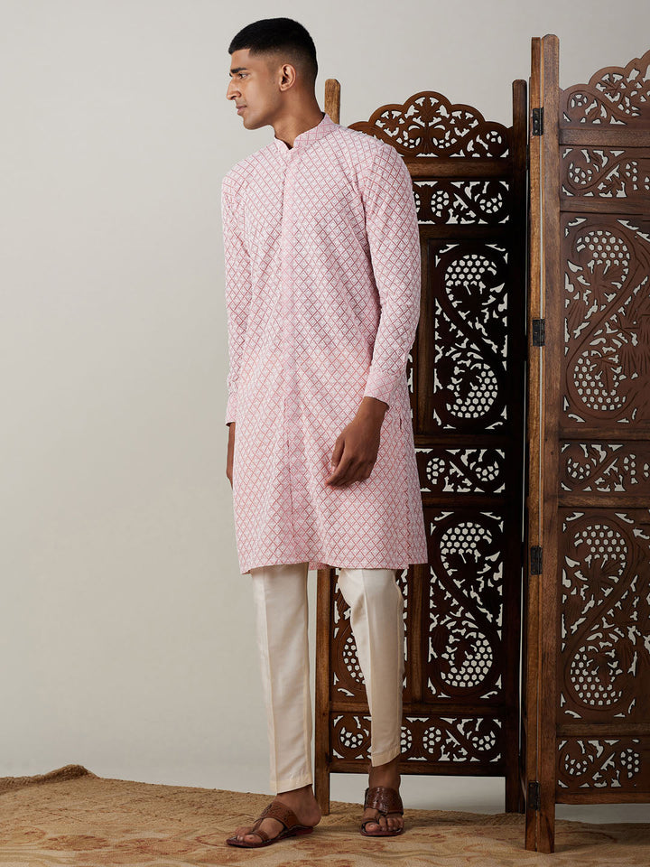 VASTRAMAY Men's Pink Chikankari Front Open Kurta With Pant Set