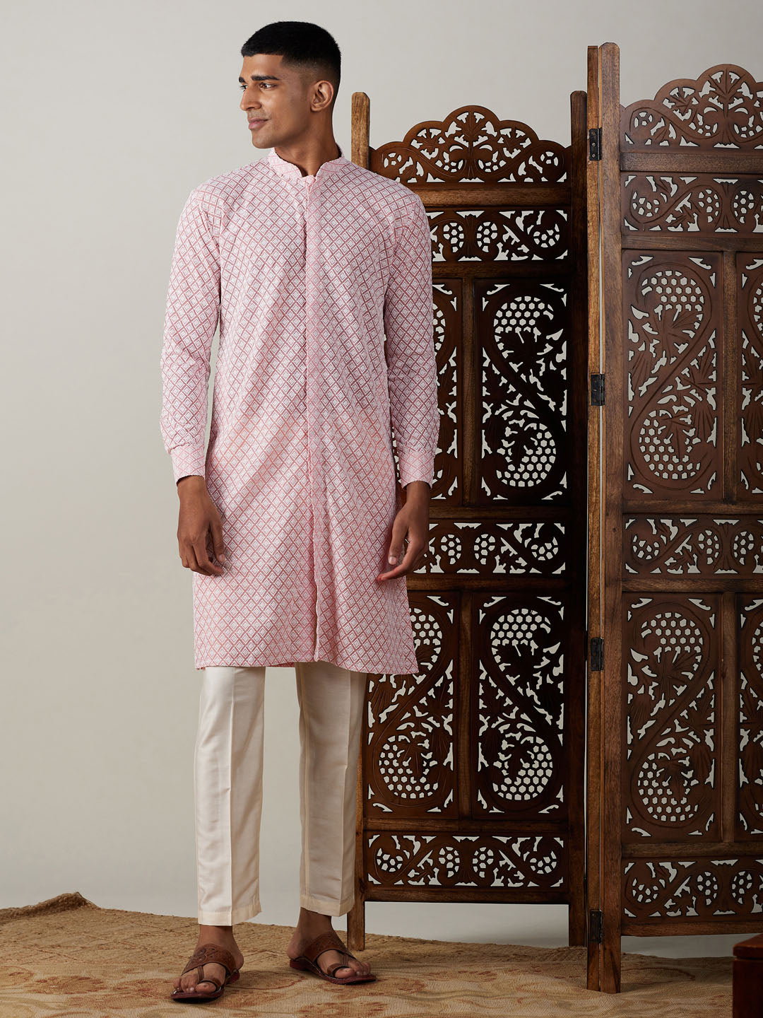 VASTRAMAY Men's Pink Chikankari Front Open Kurta With Pant Set