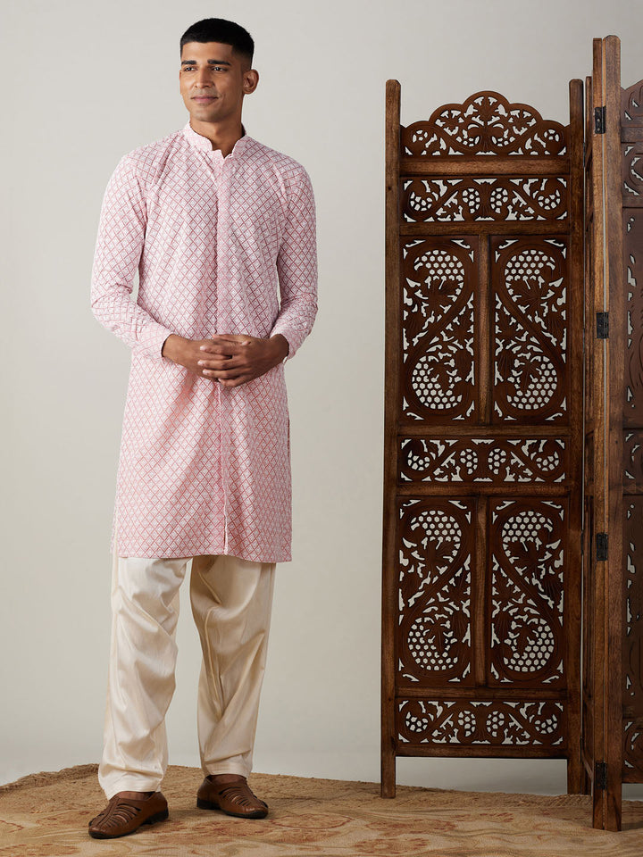 VASTRAMAY Men's Pink Chikankari Front Open Kurta With Patiala Set