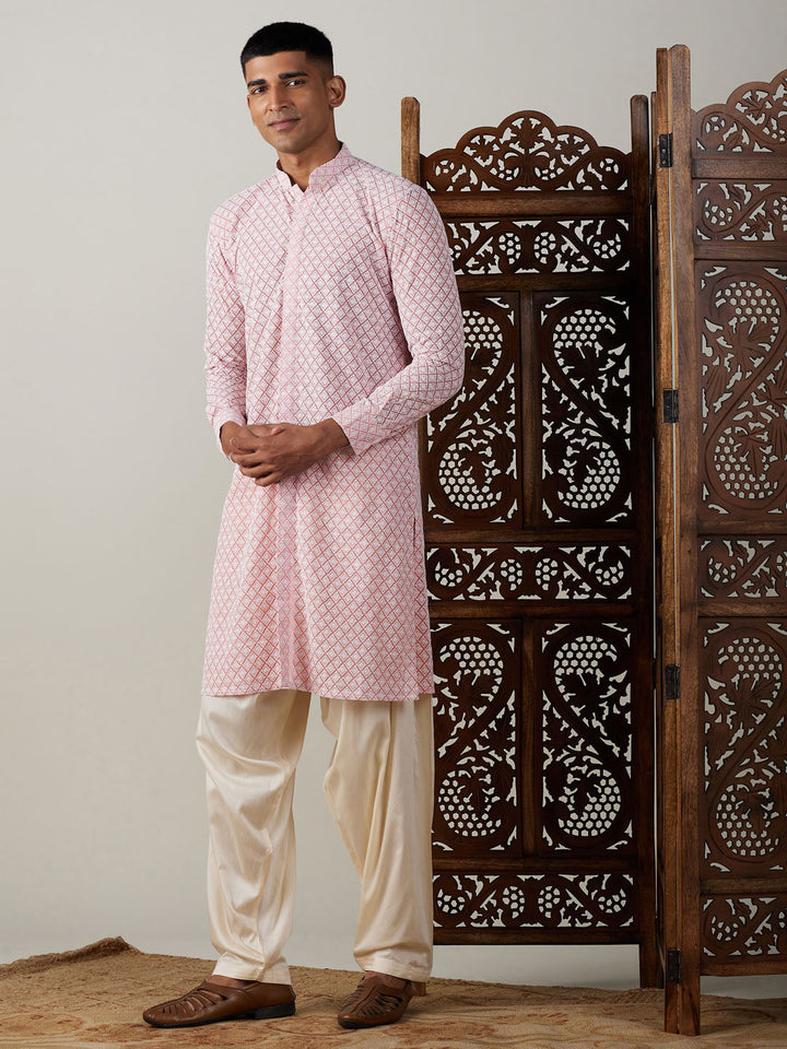 VASTRAMAY Men's Pink Chikankari Front Open Kurta With Patiala Set