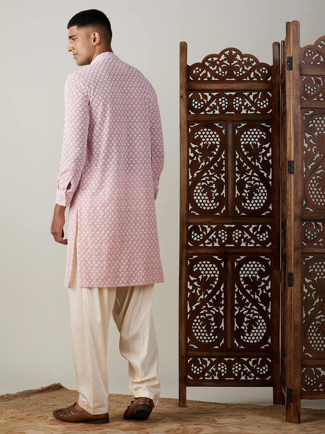 VASTRAMAY Men's Pink Chikankari Front Open Kurta With Patiala Set