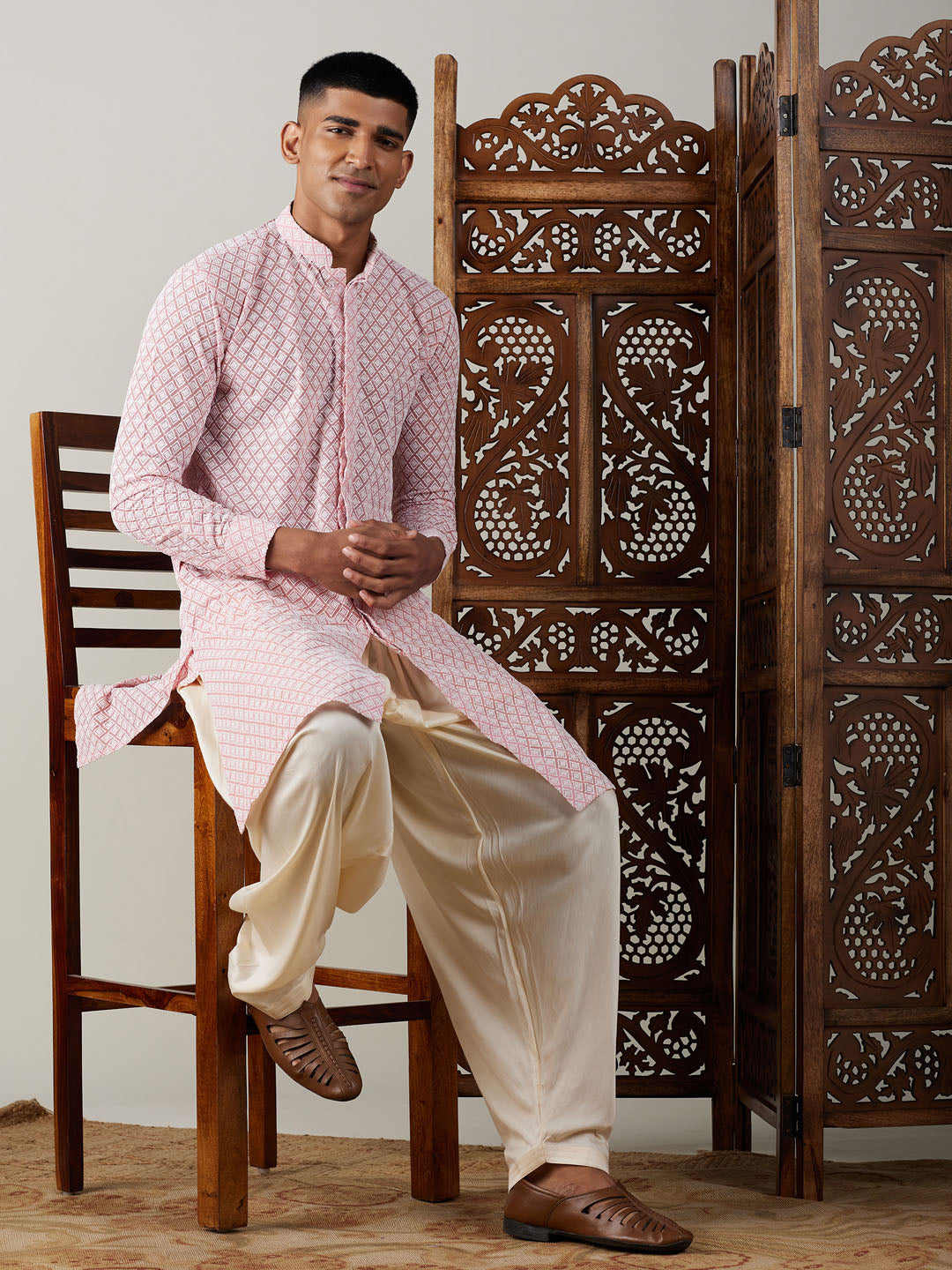 VASTRAMAY Men's Pink Chikankari Front Open Kurta With Patiala Set