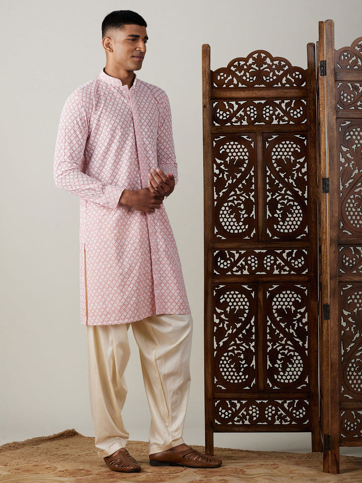 VASTRAMAY Men's Pink Chikankari Front Open Kurta With Patiala Set