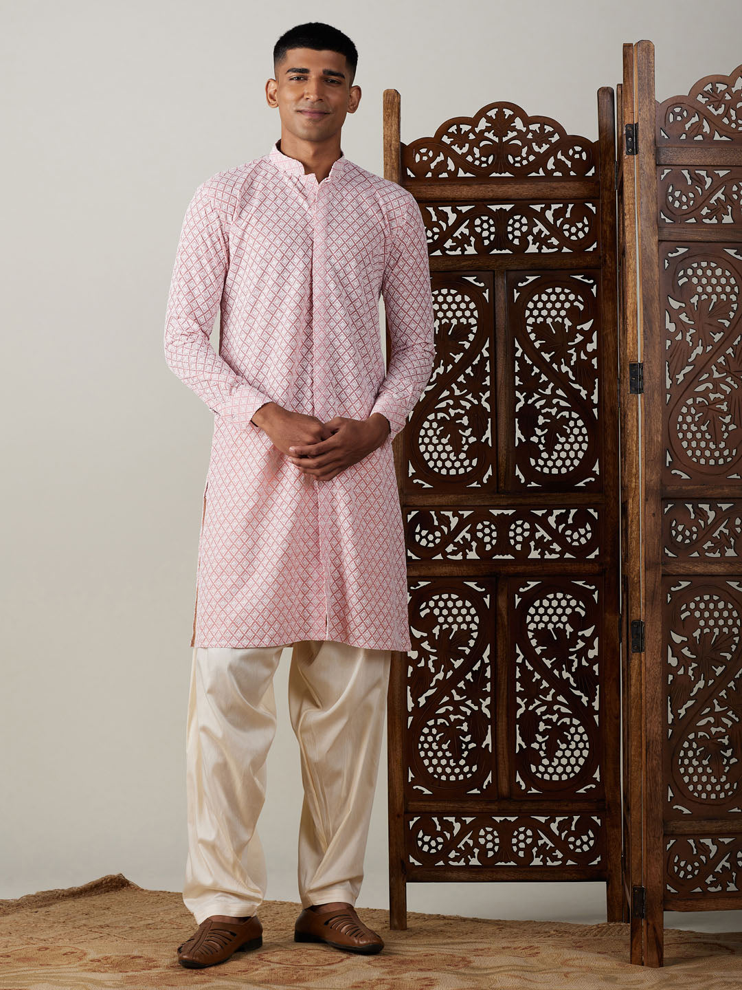 VASTRAMAY Men's Pink Chikankari Front Open Kurta With Patiala Set