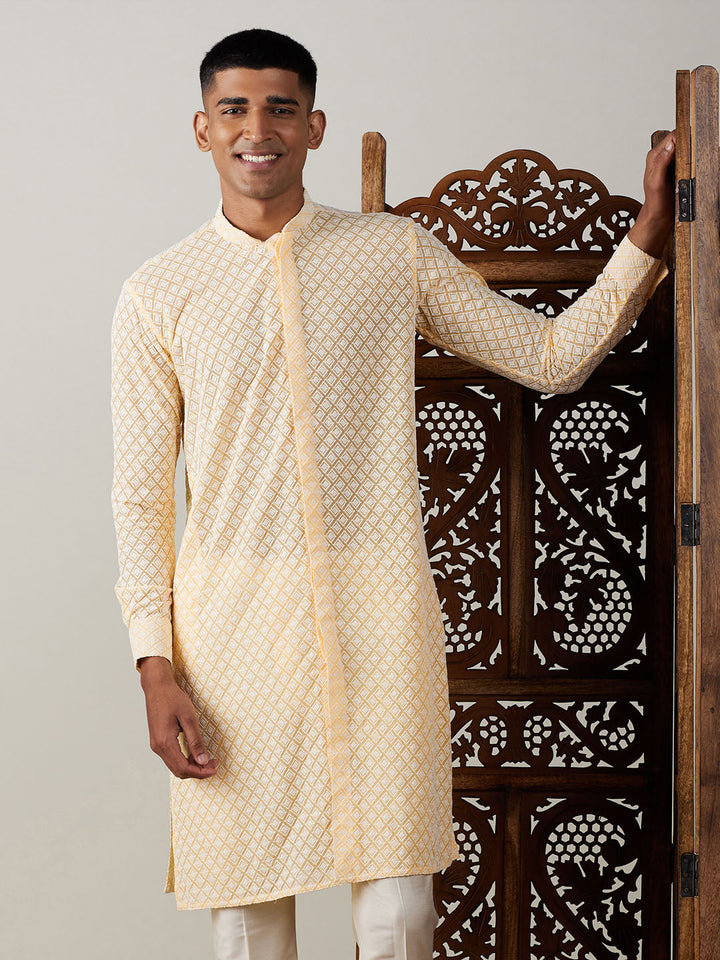 VASTRAMAY Men's Yellow Chikankari Front Open Kurta