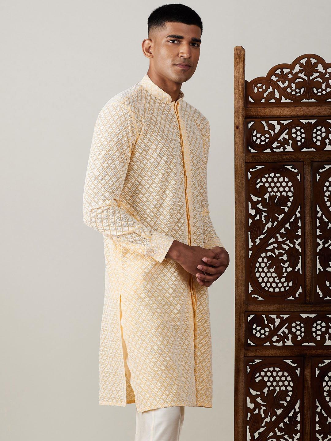 VASTRAMAY Men's Yellow Chikankari Front Open Kurta