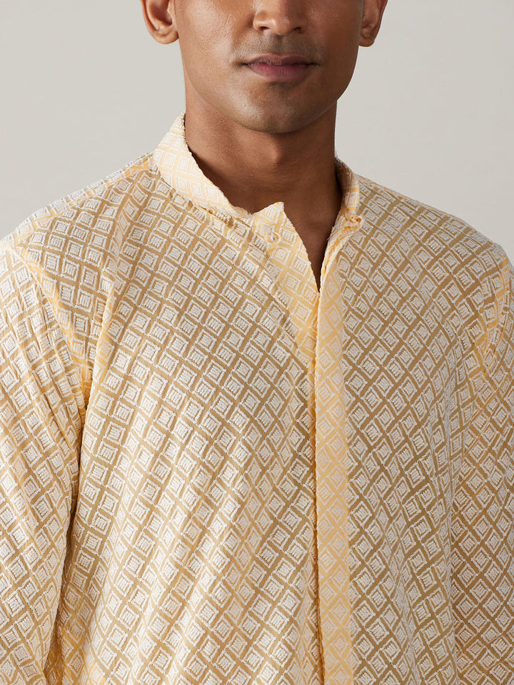 VASTRAMAY Men's Yellow Chikankari Front Open Kurta