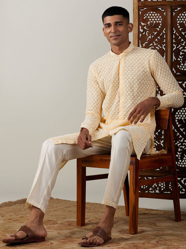 VASTRAMAY Men's Yellow Chikankari Front Open Kurta