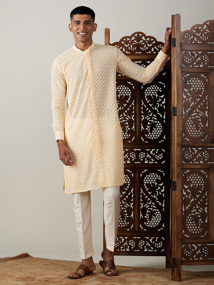 VASTRAMAY Men's Yellow Chikankari Front Open Kurta With Pant Set