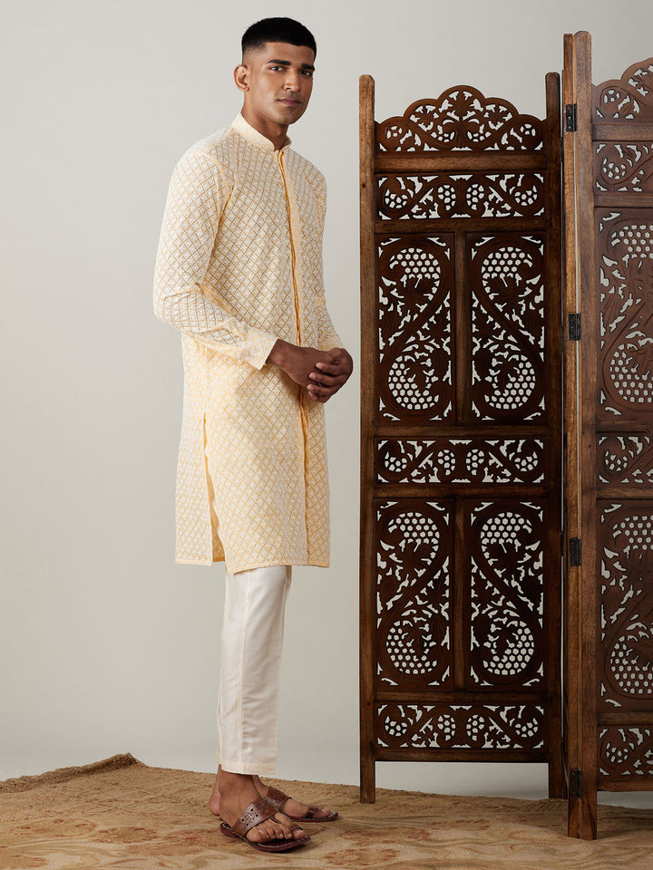 VASTRAMAY Men's Yellow Chikankari Front Open Kurta With Pant Set