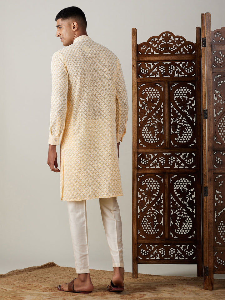 VASTRAMAY Men's Yellow Chikankari Front Open Kurta With Pant Set