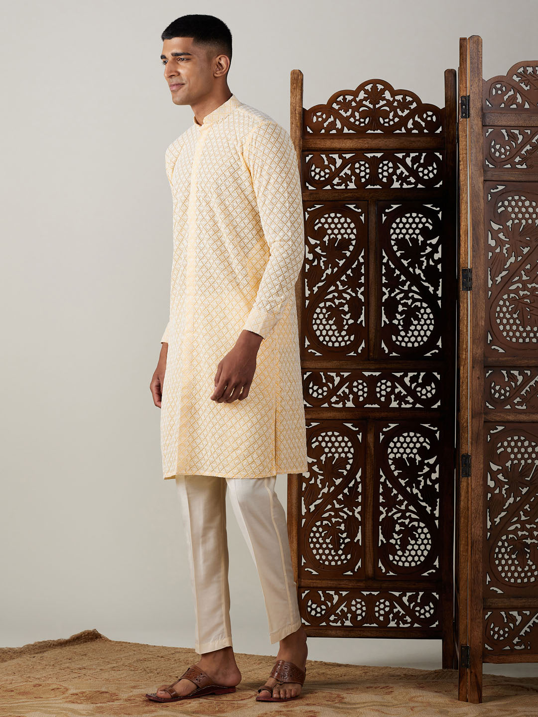 VASTRAMAY Men's Yellow Chikankari Front Open Kurta With Pant Set